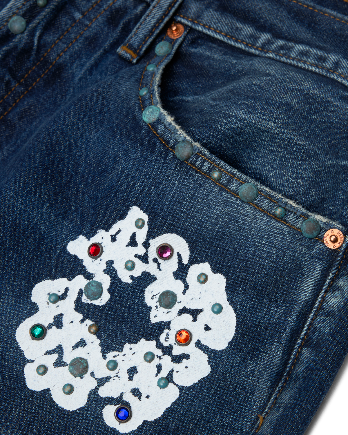 Baggy Rhinestone Cotton Wreath Denim Pant Dark Wash – view 3