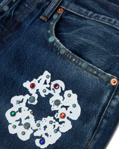 Baggy Rhinestone Cotton Wreath Denim Pant Dark Wash – view 3