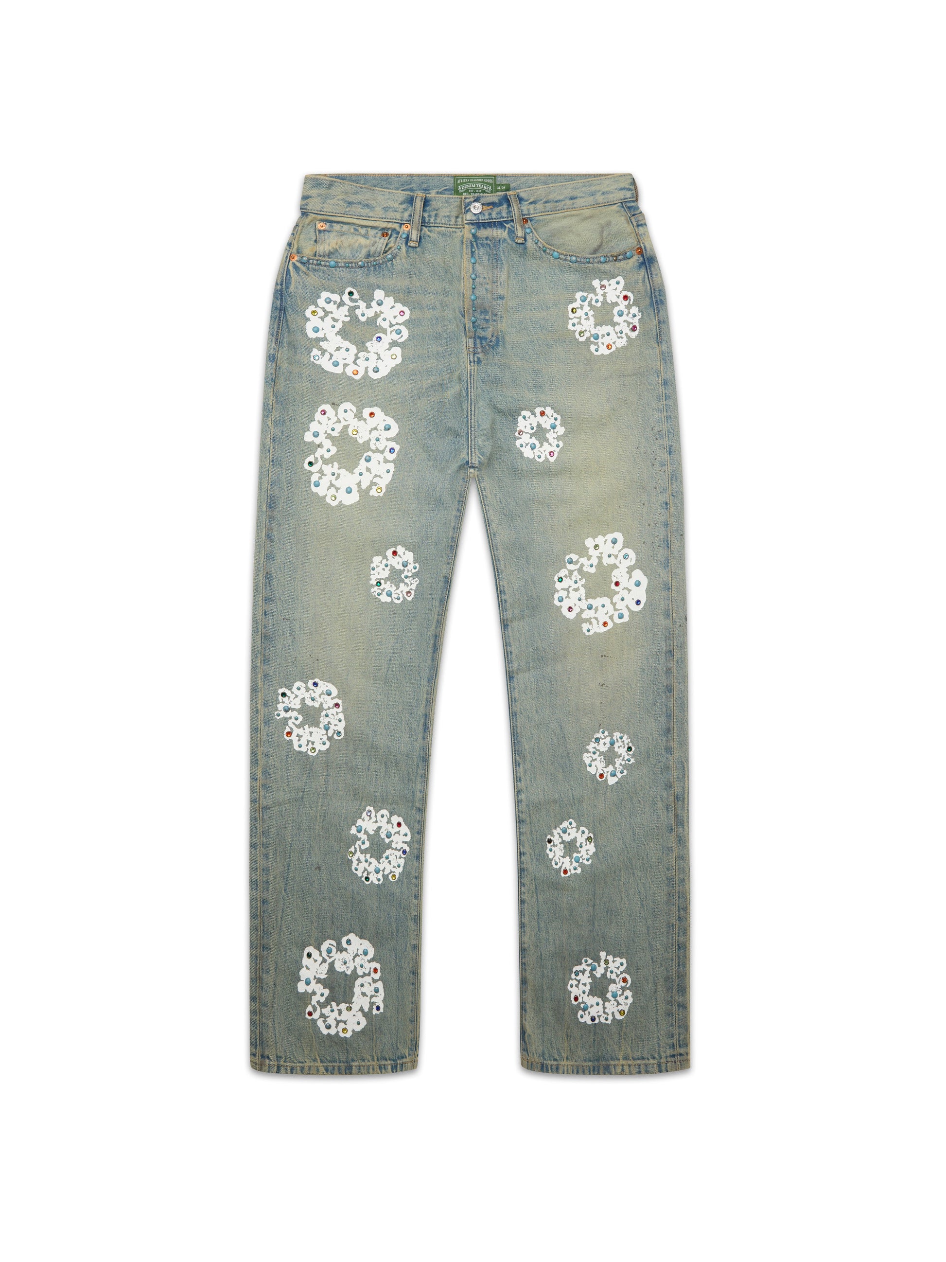 Baggy Studded Cotton Wreath Denim Pant Dirty Wash