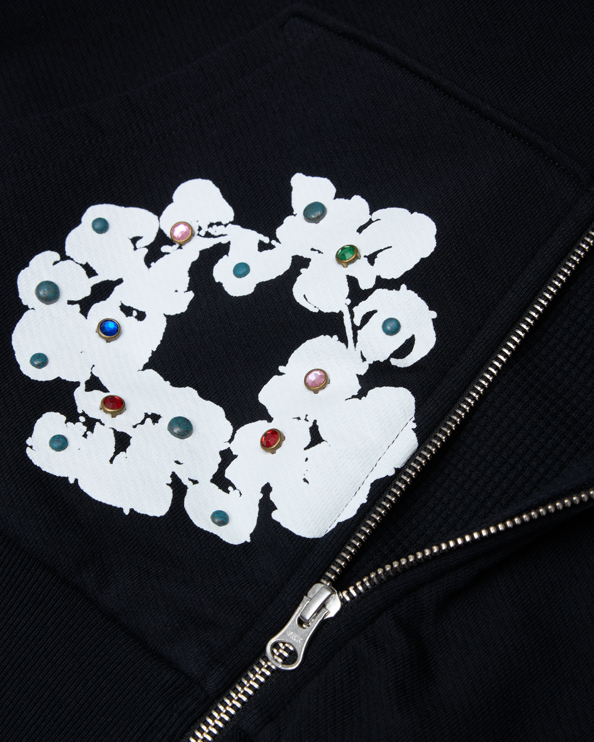 Rhinestone Cotton Wreath Zip Hoodie Black – view 3