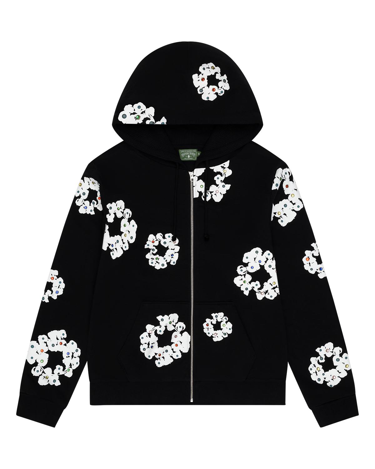 Rhinestone Cotton Wreath Zip Hoodie Black