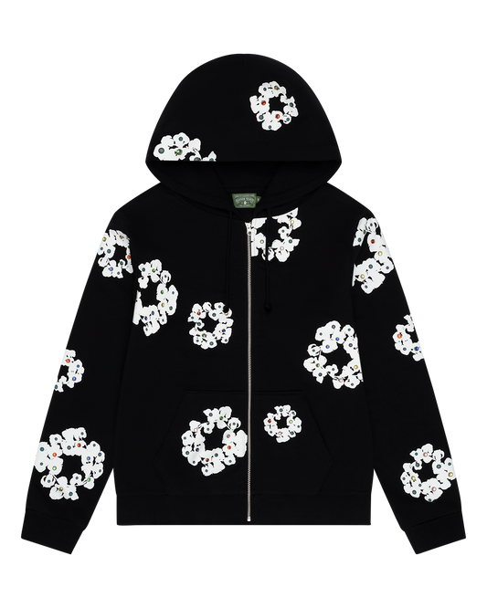 Rhinestone Cotton Wreath Zip Hoodie Black