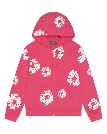 Rhinestone Cotton Wreath Zip Hoodie Pink