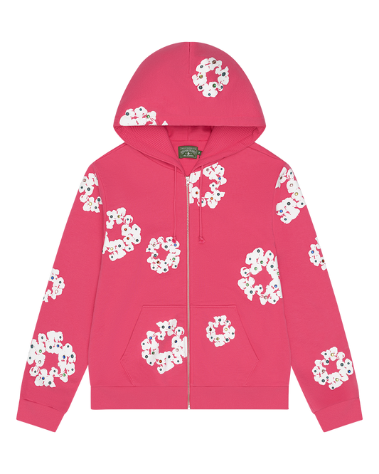 Rhinestone Cotton Wreath Zip Hoodie Pink