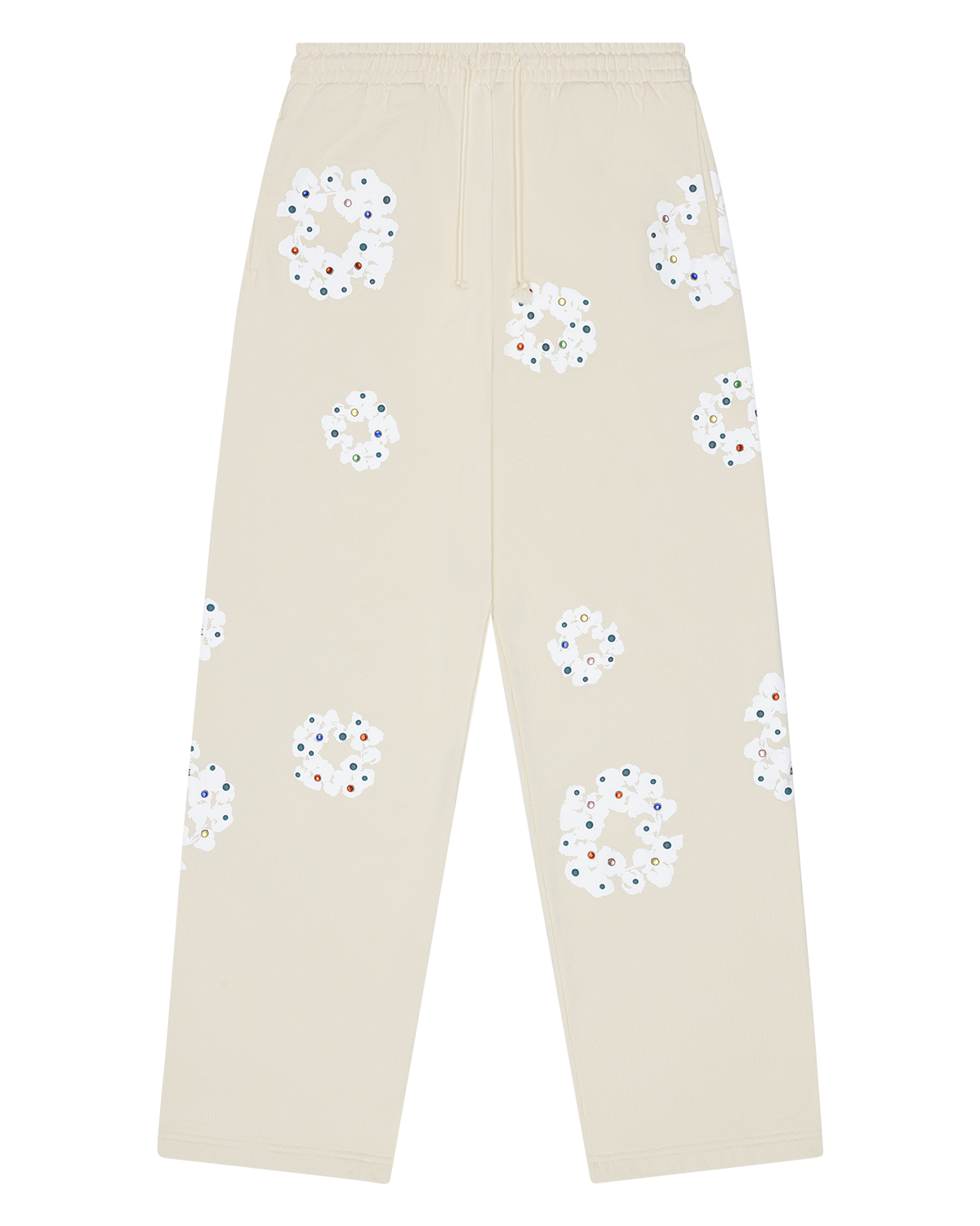Rhinestone Cotton Wreath Open Hem Sweatpants Oatmeal