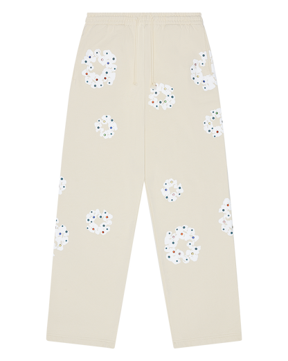 Rhinestone Cotton Wreath Open Hem Sweatpants Oatmeal