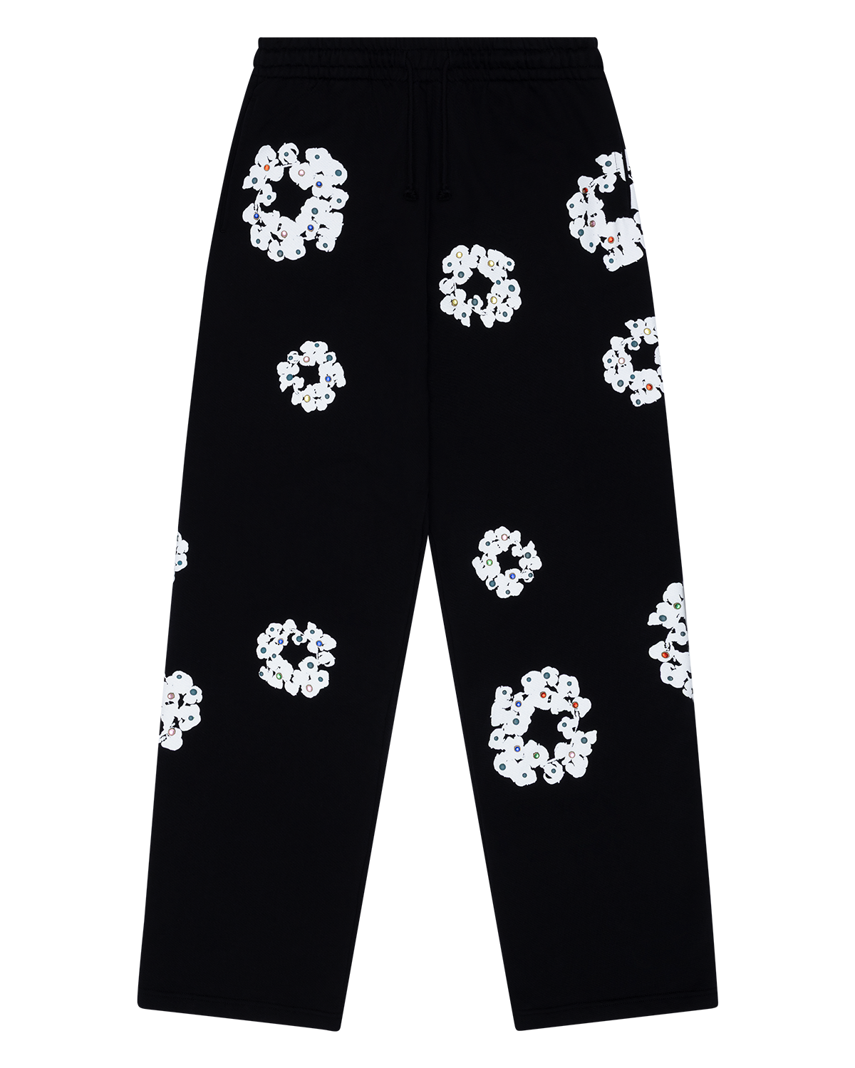 Rhinestone Cotton Wreath Open Hem Sweatpants Black