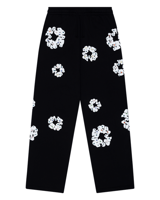 Rhinestone Cotton Wreath Open Hem Sweatpants Black
