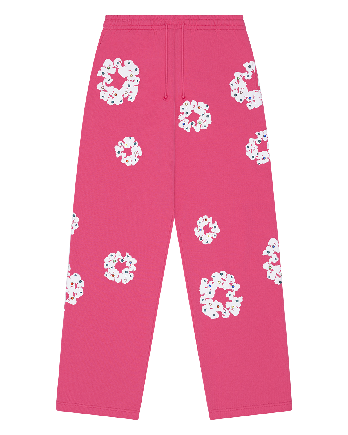 Rhinestone Cotton Wreath Open Hem Sweatpants Pink