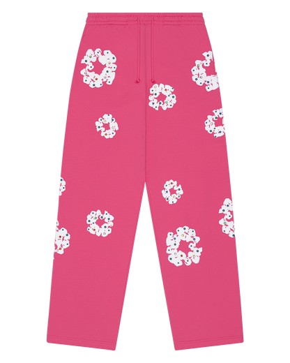 Rhinestone Cotton Wreath Open Hem Sweatpants Pink