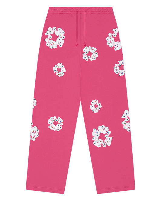 Rhinestone Cotton Wreath Open Hem Sweatpants Pink